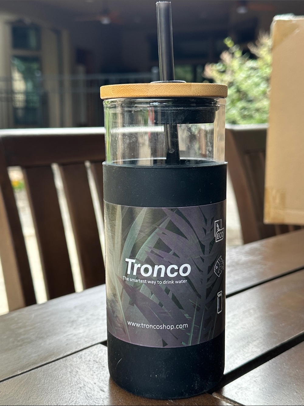 NEW Black Glass Tumbler with Bamboo Lid and Straw